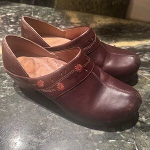 Dansko Dark Brown Leather Clogs with Floral Accents